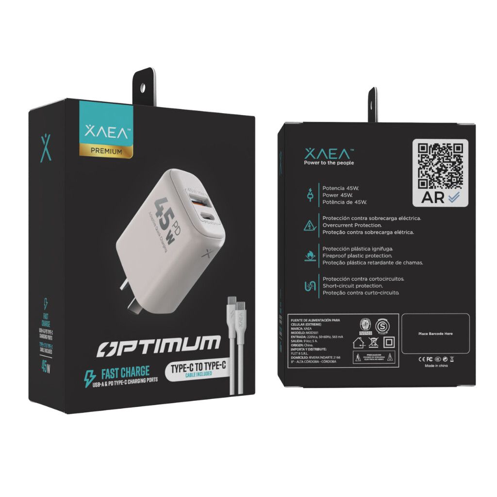 CARGADOR 220V OPTIMUM - 5A - PUERTOS USB-C + CABLE C-C MODX-00JI - XAEA - BLANCO CARGADOR 220V OPTIMUM - 5A - PUERTOS USB-C + CABLE C-C MODX-00JI - XAEA - BLANCO - Imagen 1